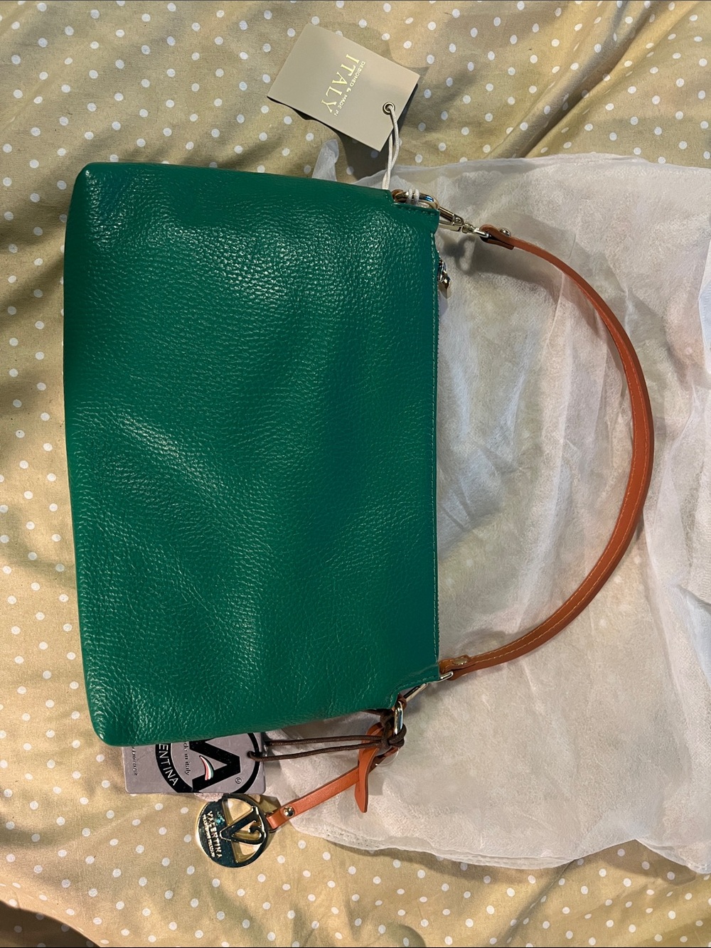 Valentina Emerald Green Leather Shoulder Bag with Tan Strap